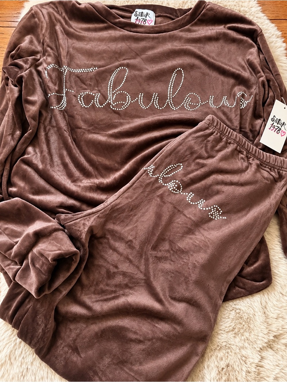 'Fabulous' Brown Velour Pajama Set Satin 1978 Velour 2-Piece Set 🤎